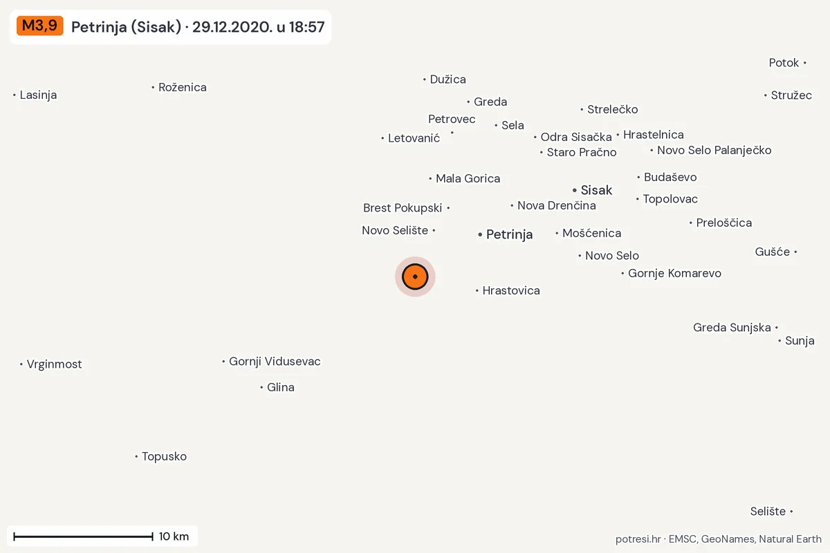 Karta: okolica epicentra, 60 km, potres M3,9, Petrinja (Sisak), 29.12.2020.