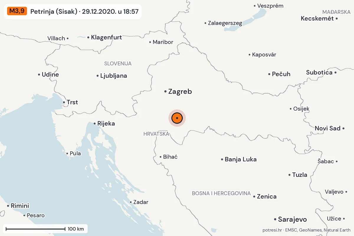 Karta: šire područje, 600 km, potres M3,9, Petrinja (Sisak), 29.12.2020.