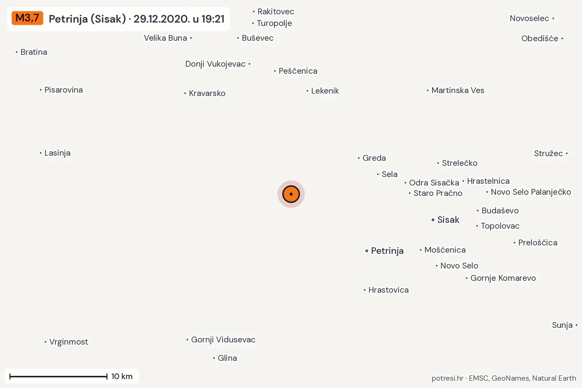 Karta: okolica epicentra, 60 km, potres M3,7, Petrinja (Sisak), 29.12.2020.