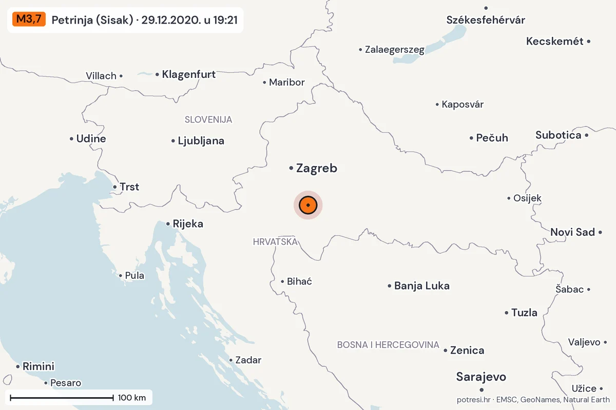Karta: šire područje, 600 km, potres M3,7, Petrinja (Sisak), 29.12.2020.