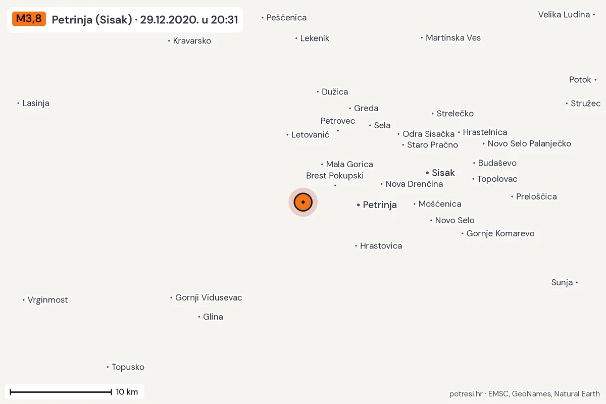 Karta: okolica epicentra, 60 km, potres M3,8, Petrinja (Sisak), 29.12.2020.