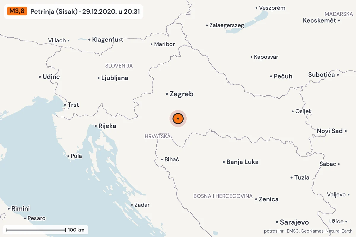 Karta: šire područje, 600 km, potres M3,8, Petrinja (Sisak), 29.12.2020.