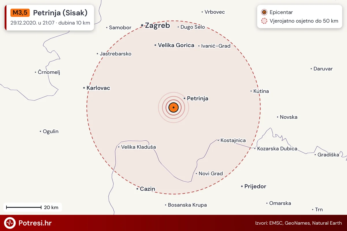 Karta: šire područje i vjerojatni doseg osjeta, potres M3,5, Petrinja (Sisak), 29.12.2020.