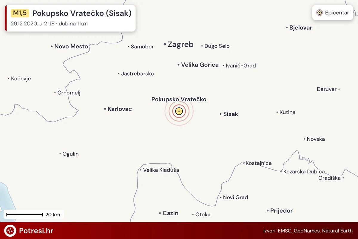 Karta: šire područje i vjerojatni doseg osjeta, potres M1,5, Pokupsko Vratečko (Sisak), 29.12.2020.