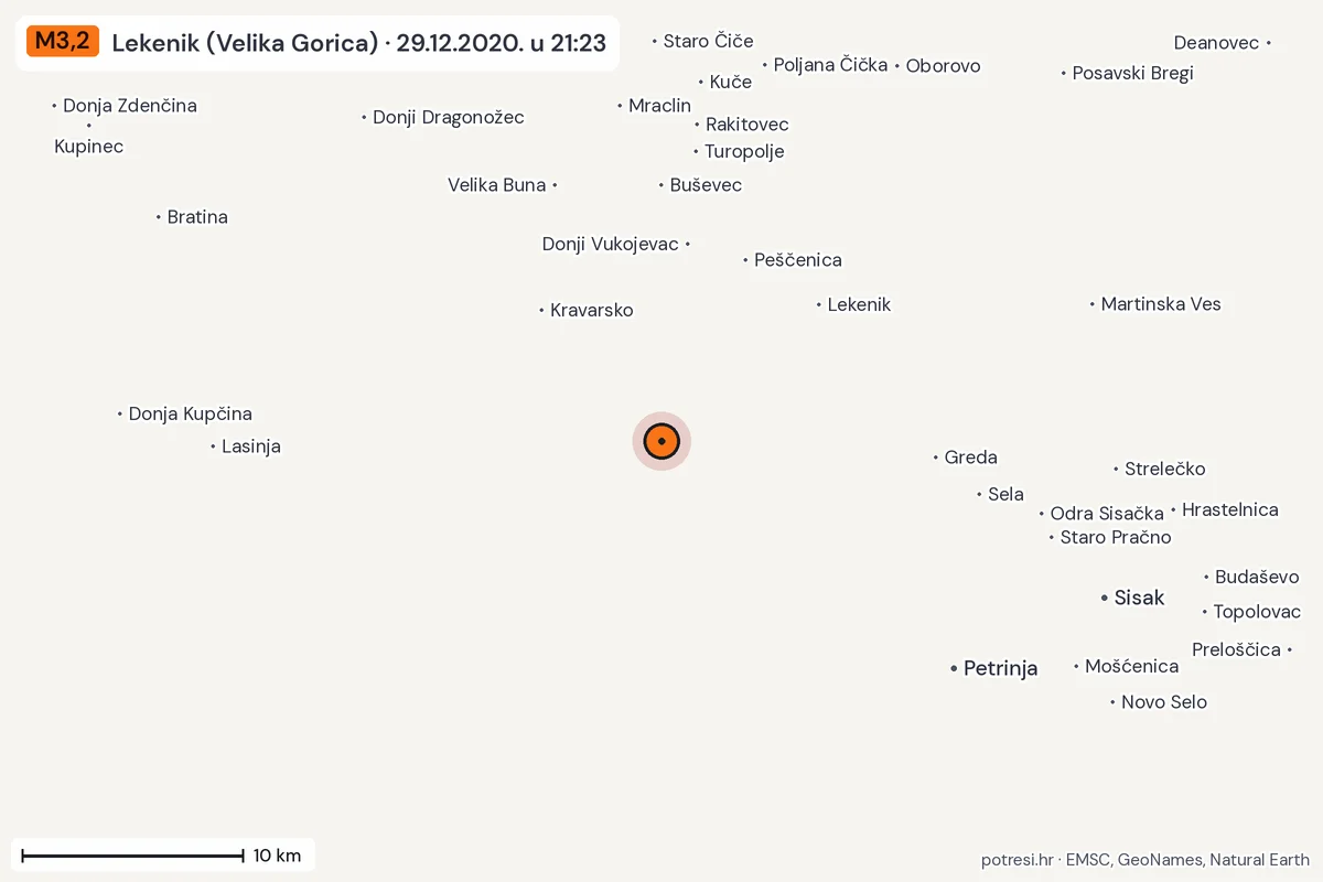 Karta: okolica epicentra, 60 km, potres M3,2, Lekenik (Velika Gorica), 29.12.2020.