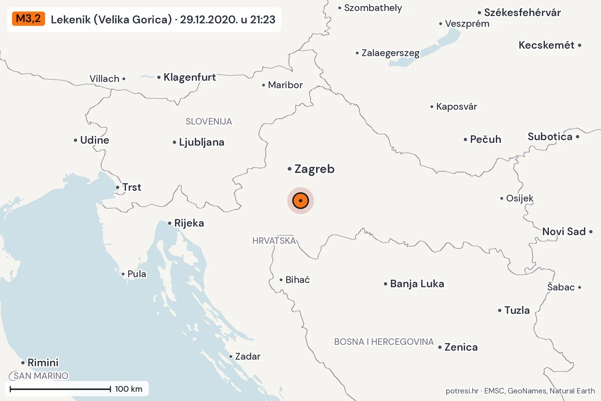 Karta: šire područje, 600 km, potres M3,2, Lekenik (Velika Gorica), 29.12.2020.