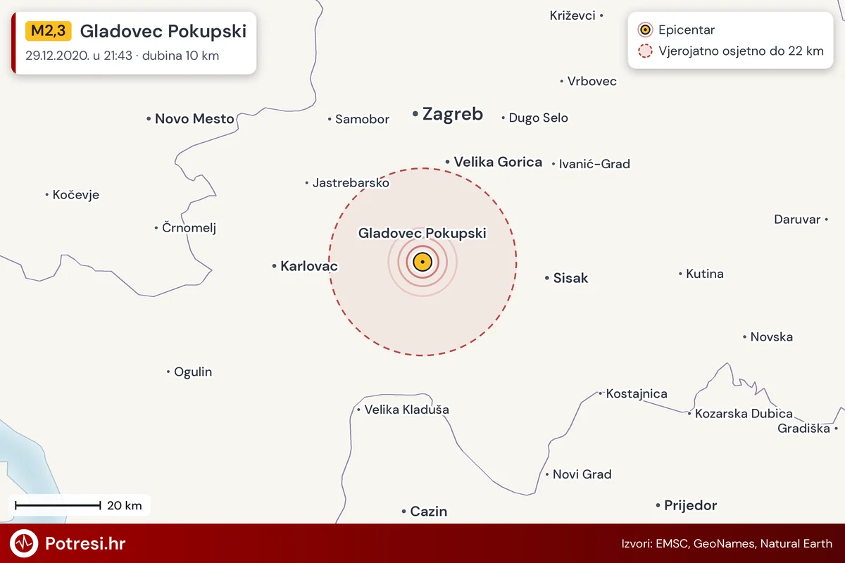 Karta: šire područje i vjerojatni doseg osjeta, potres M2,3, Gladovec Pokupski, 29.12.2020.
