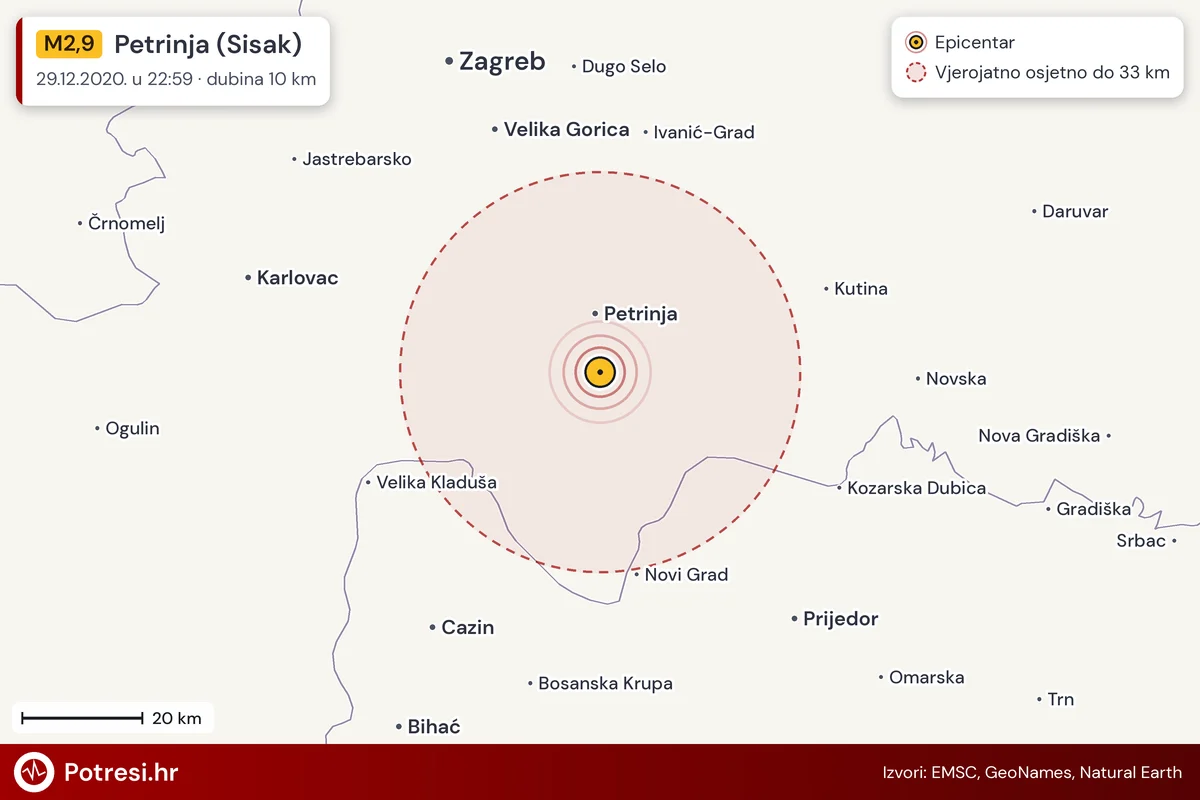 Karta: šire područje i vjerojatni doseg osjeta, potres M2,9, Petrinja (Sisak), 29.12.2020.