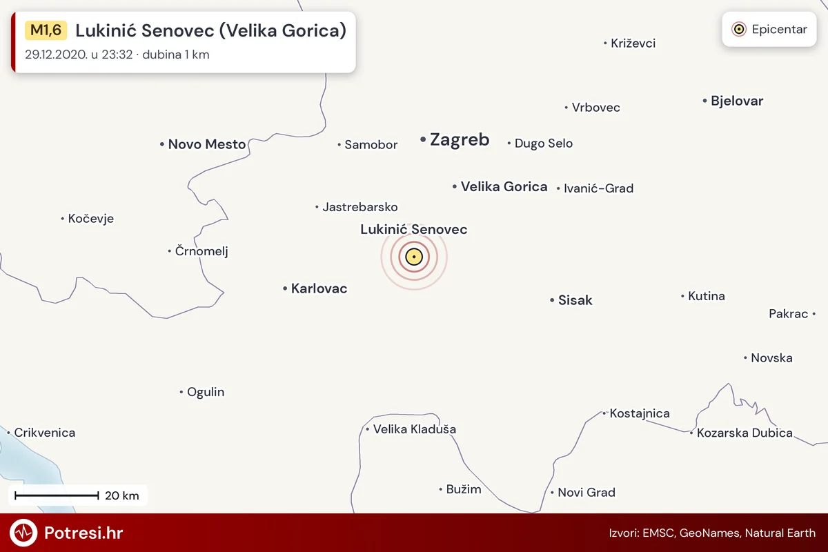 Karta: šire područje i vjerojatni doseg osjeta, potres M1,6, Lukinić Senovec (Velika Gorica), 29.12.2020.