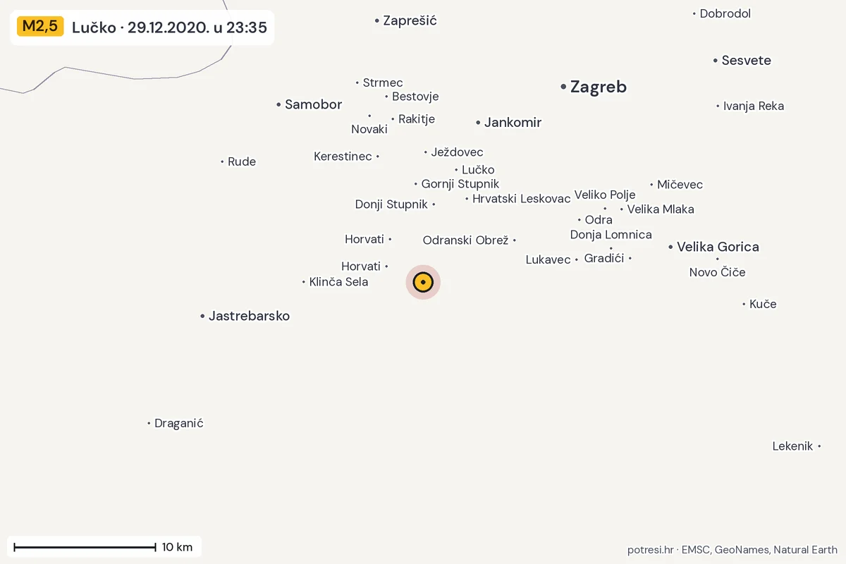 Karta: okolica epicentra, 60 km, potres M2,5, Lučko, 29.12.2020.