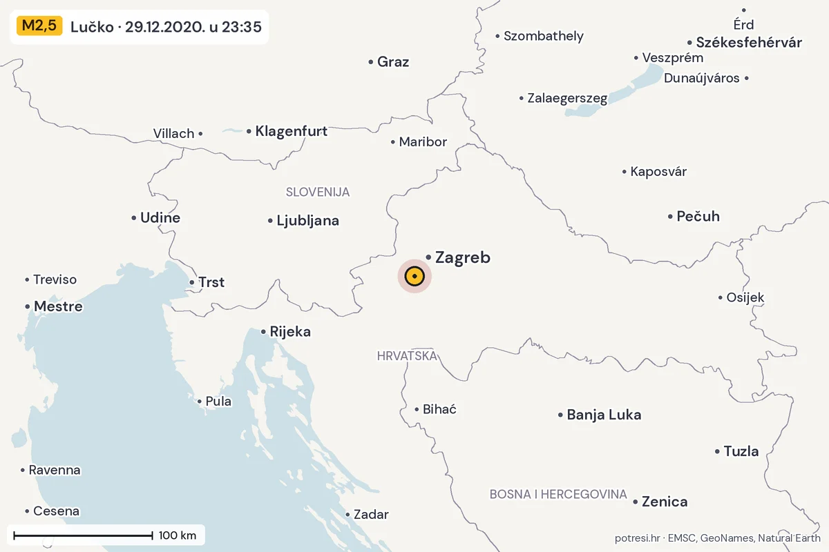 Karta: šire područje, 600 km, potres M2,5, Lučko, 29.12.2020.