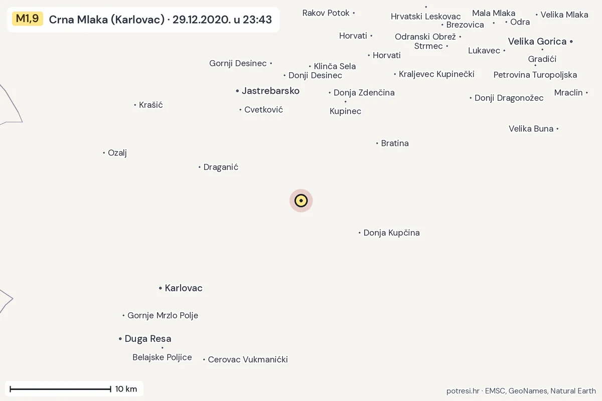 Karta: okolica epicentra, 60 km, potres M1,9, Crna Mlaka (Karlovac), 29.12.2020.