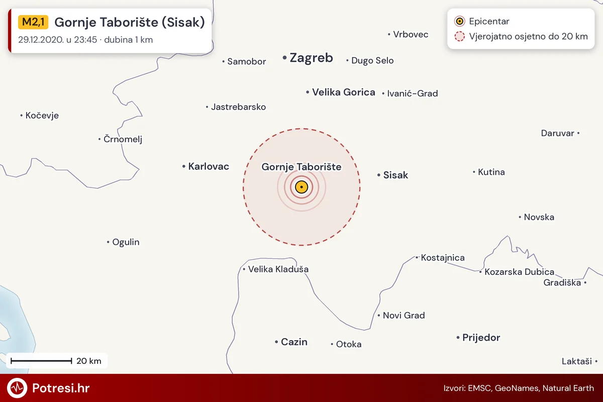 Karta: šire područje i vjerojatni doseg osjeta, potres M2,1, Gornje Taborište (Sisak), 29.12.2020.
