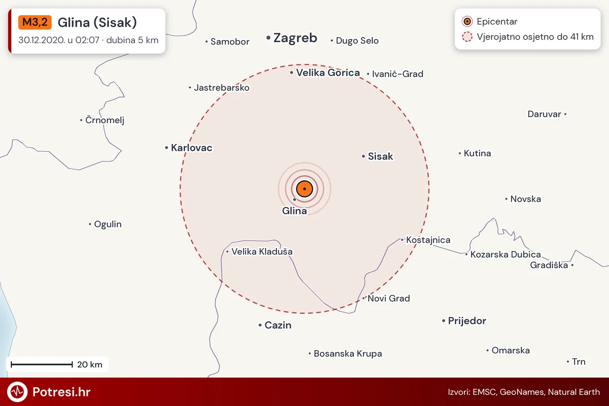 Karta: šire područje i vjerojatni doseg osjeta, potres M3,2, Glina (Sisak), 30.12.2020.