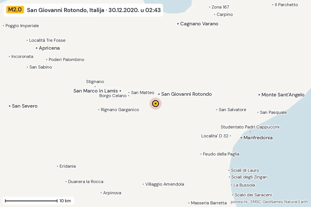 Karta: okolica epicentra, 60 km, potres M2,0, San Giovanni Rotondo, Italija, 30.12.2020.