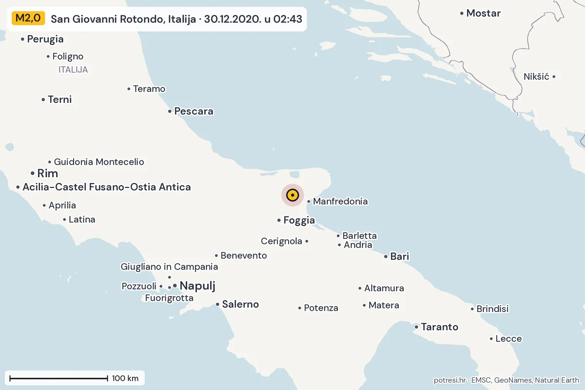 Karta: šire područje, 600 km, potres M2,0, San Giovanni Rotondo, Italija, 30.12.2020.
