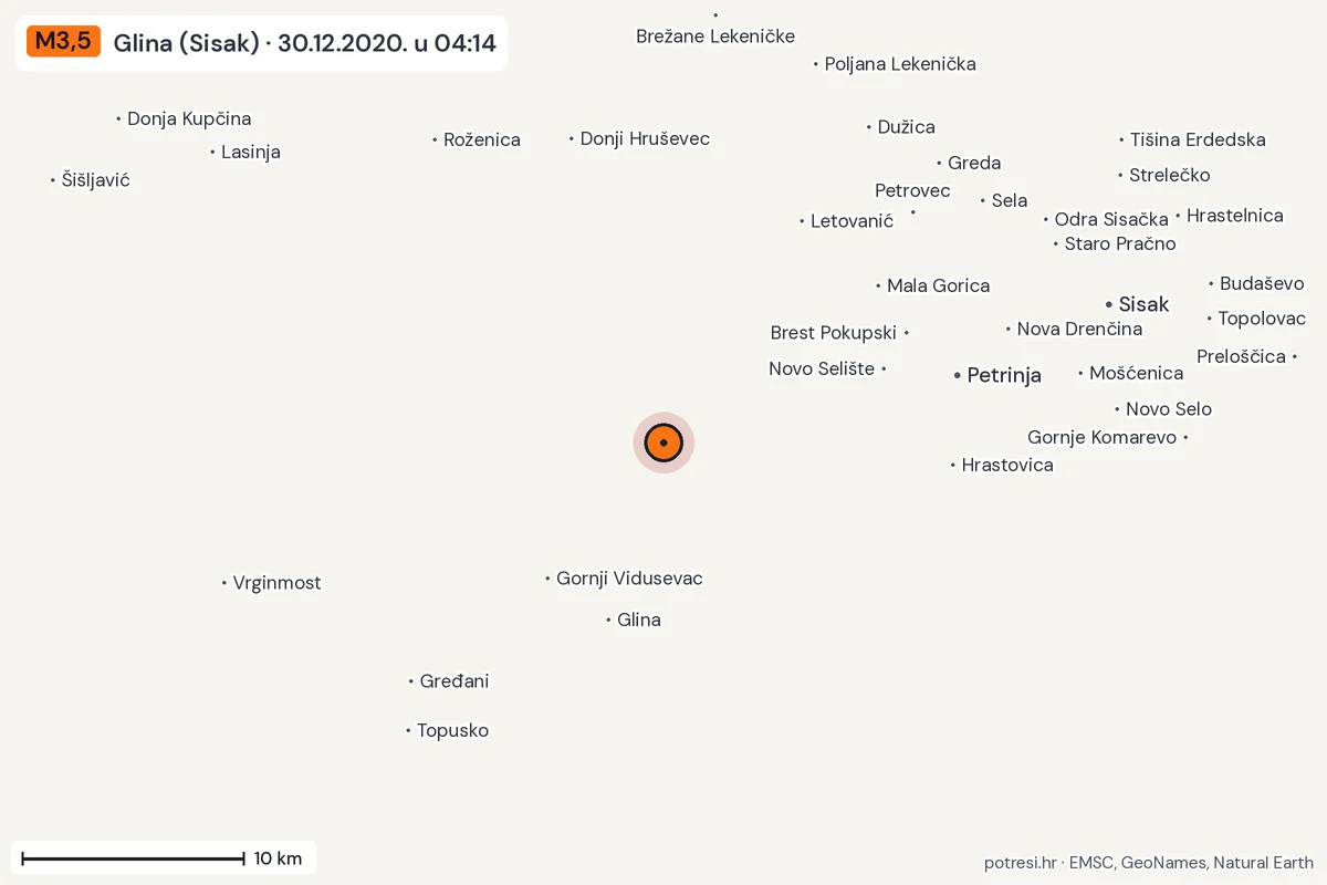 Karta: okolica epicentra, 60 km, potres M3,5, Glina (Sisak), 30.12.2020.