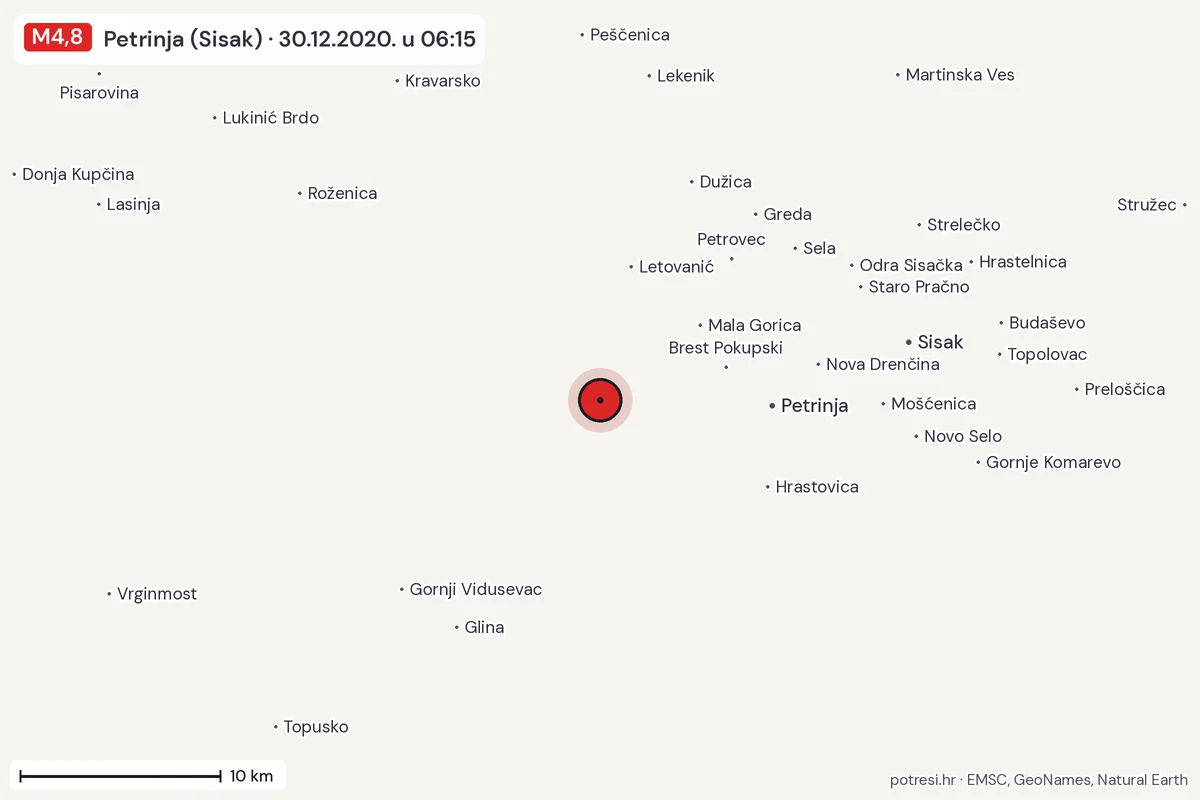 Karta: okolica epicentra, 60 km, potres M4,8, Petrinja (Sisak), 30.12.2020.