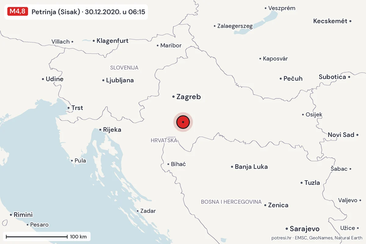 Karta: šire područje, 600 km, potres M4,8, Petrinja (Sisak), 30.12.2020.