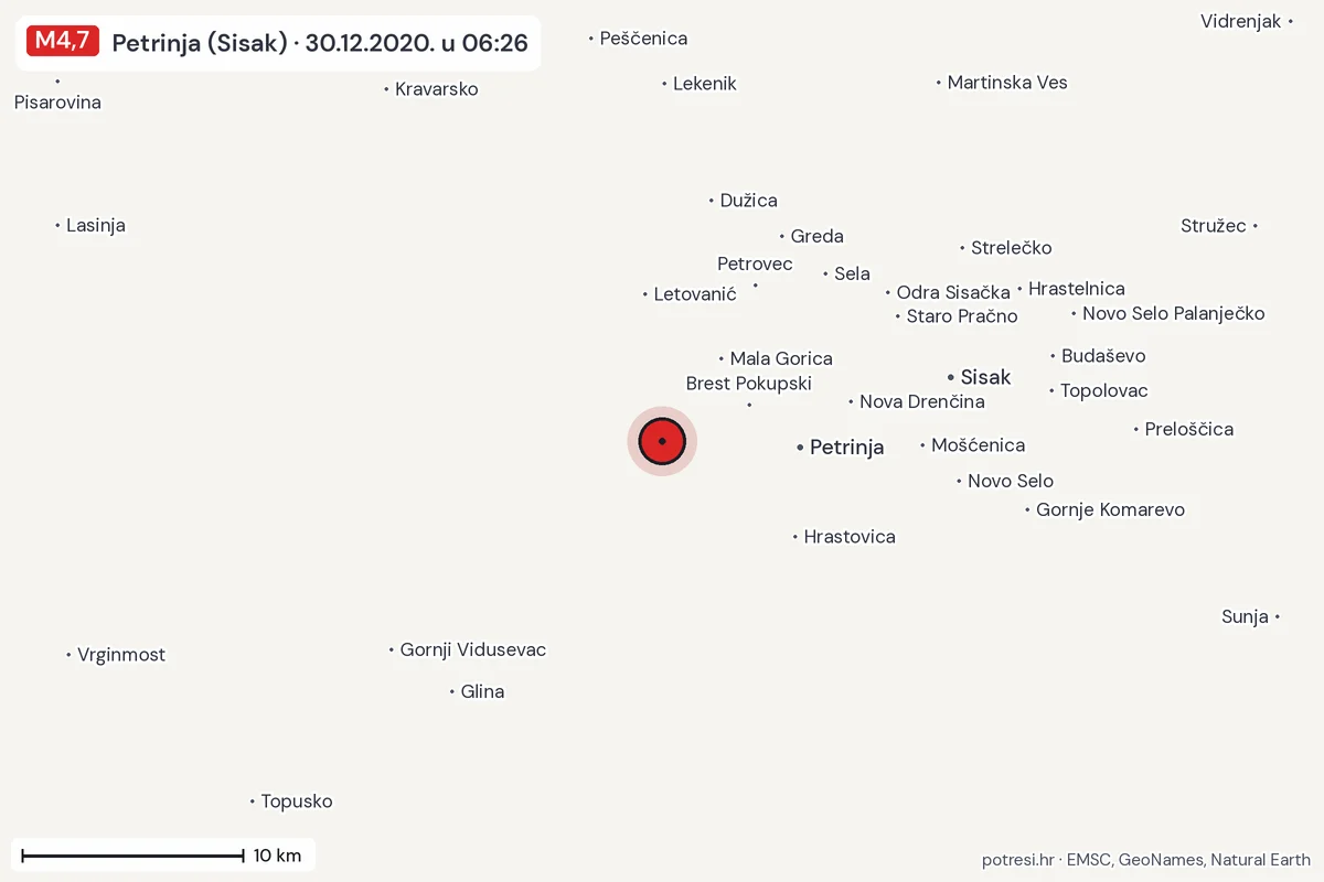 Karta: okolica epicentra, 60 km, potres M4,7, Petrinja (Sisak), 30.12.2020.