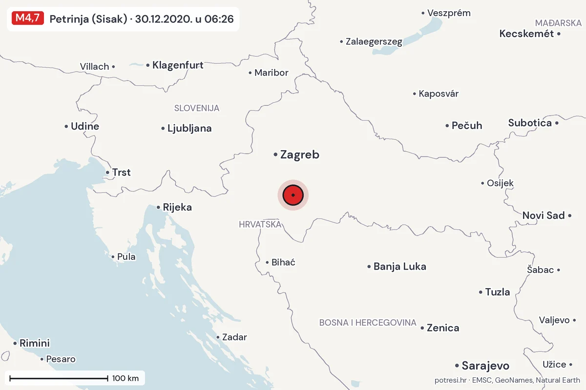 Karta: šire područje, 600 km, potres M4,7, Petrinja (Sisak), 30.12.2020.