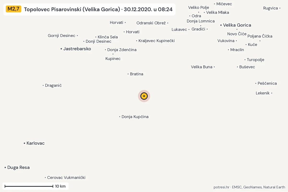 Karta: okolica epicentra, 60 km, potres M2,7, Topolovec Pisarovinski (Velika Gorica), 30.12.2020.