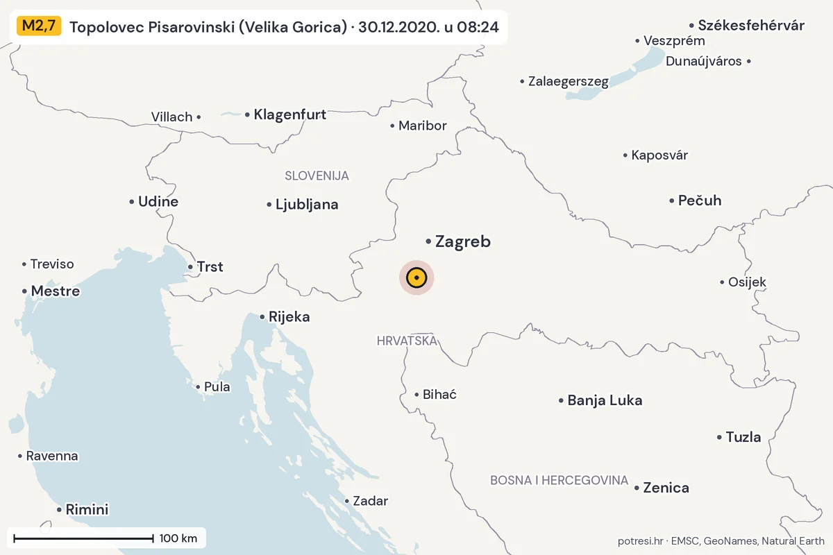 Karta: šire područje, 600 km, potres M2,7, Topolovec Pisarovinski (Velika Gorica), 30.12.2020.