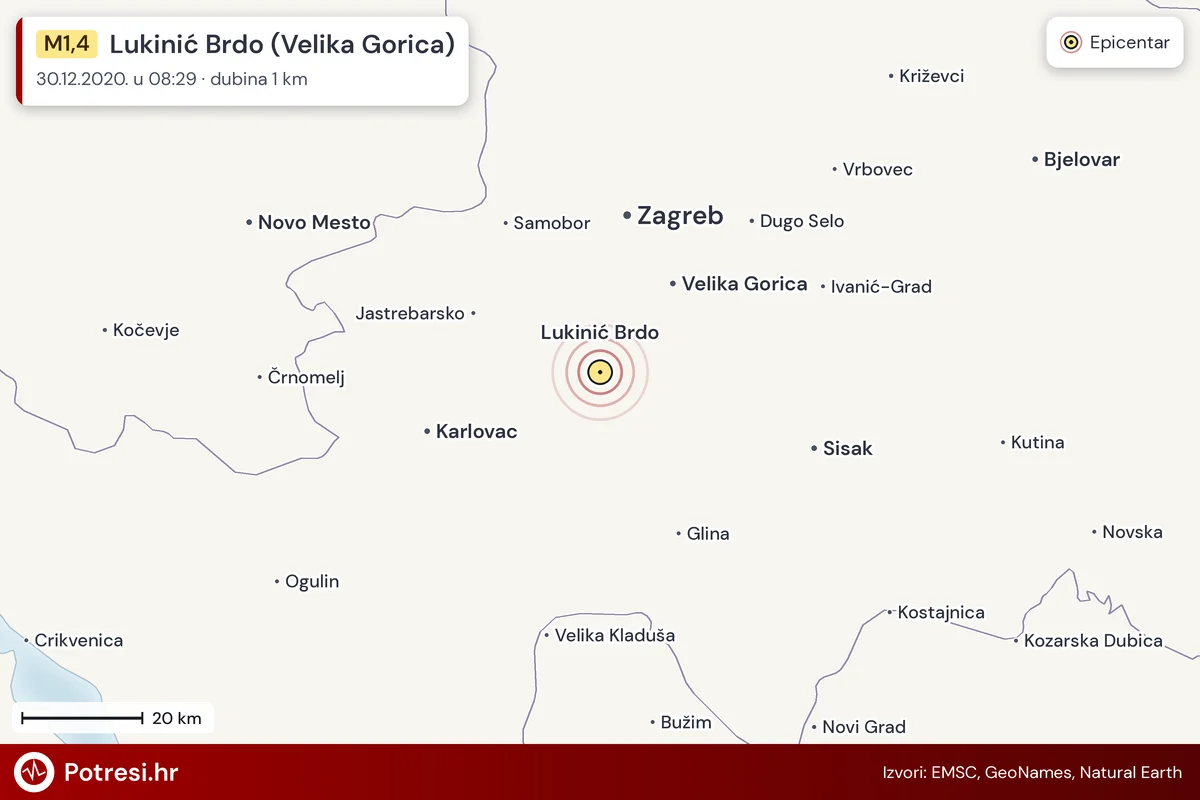 Karta: šire područje i vjerojatni doseg osjeta, potres M1,4, Lukinić Brdo (Velika Gorica), 30.12.2020.