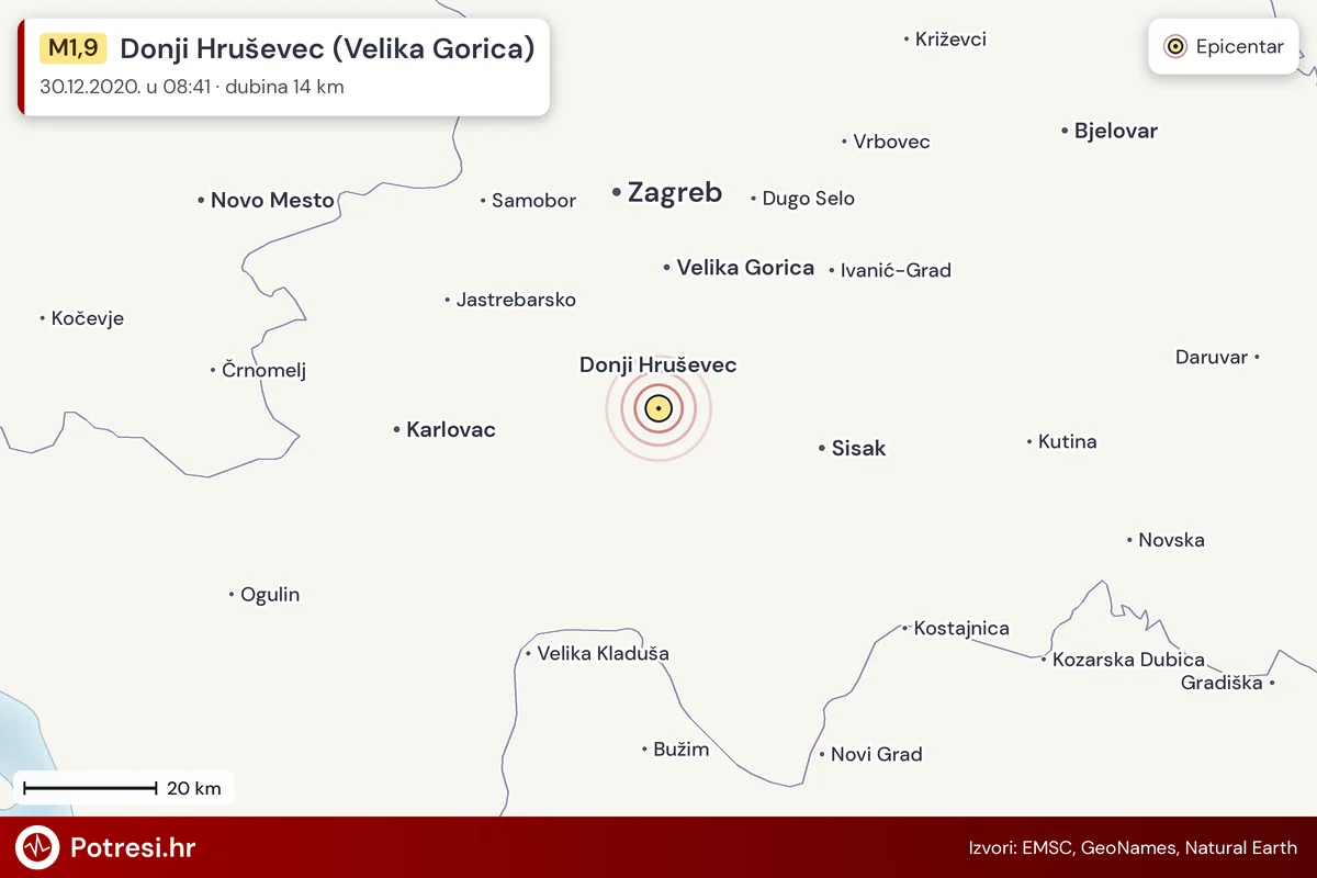 Karta: šire područje i vjerojatni doseg osjeta, potres M1,9, Donji Hruševec (Velika Gorica), 30.12.2020.