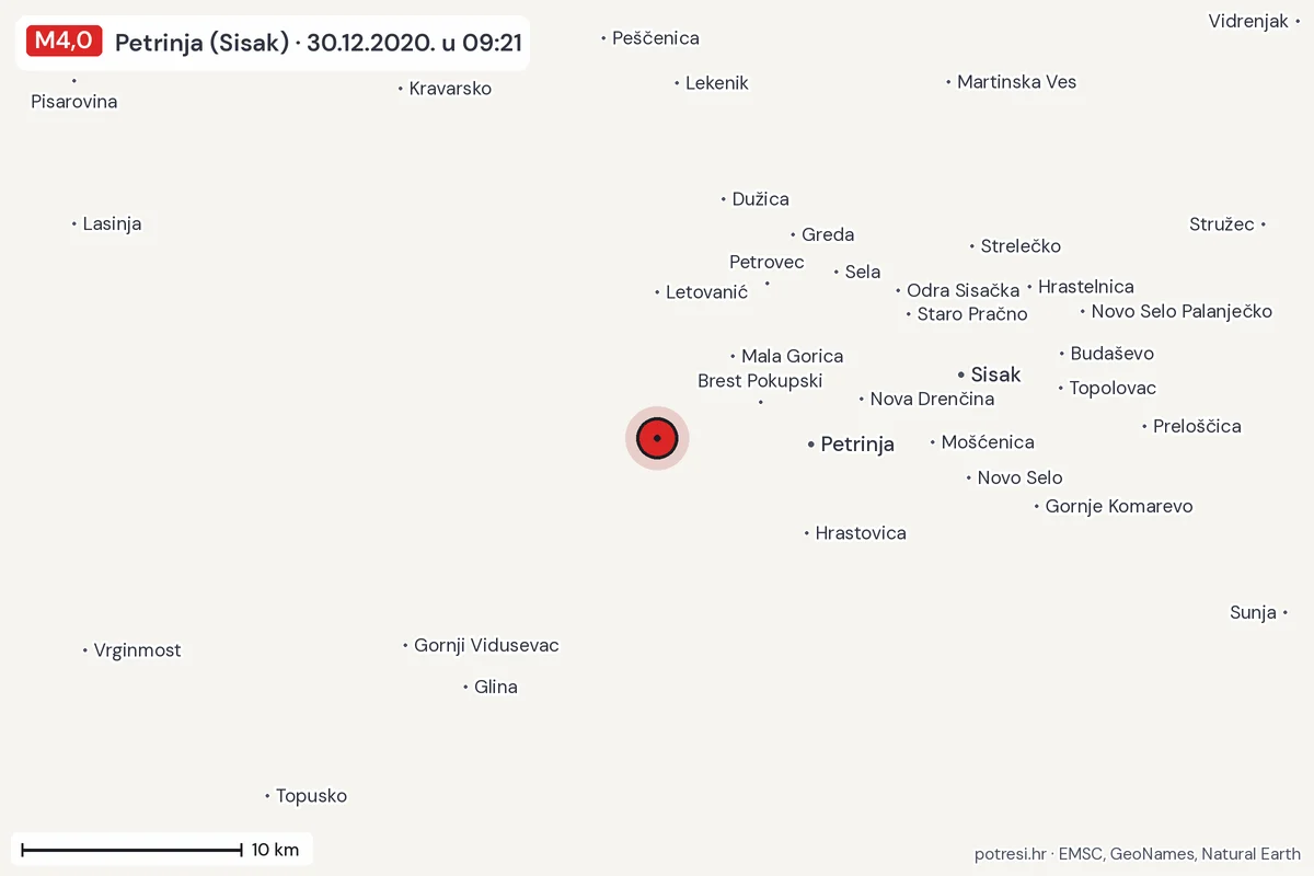 Karta: okolica epicentra, 60 km, potres M4,0, Petrinja (Sisak), 30.12.2020.