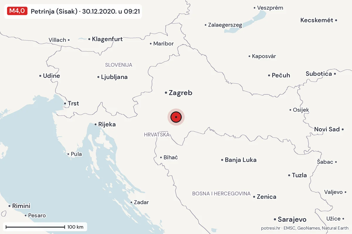 Karta: šire područje, 600 km, potres M4,0, Petrinja (Sisak), 30.12.2020.