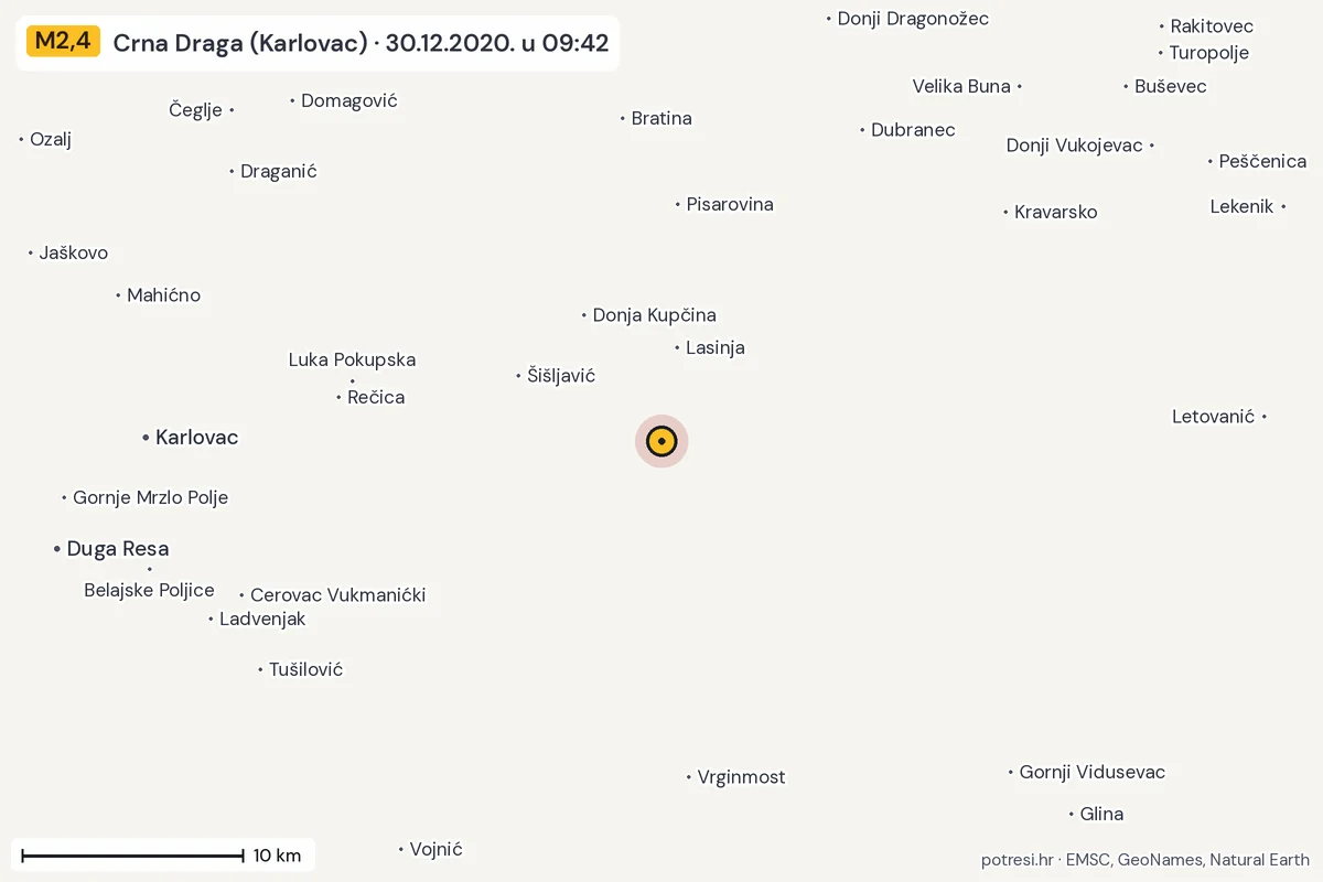 Karta: okolica epicentra, 60 km, potres M2,4, Crna Draga (Karlovac), 30.12.2020.