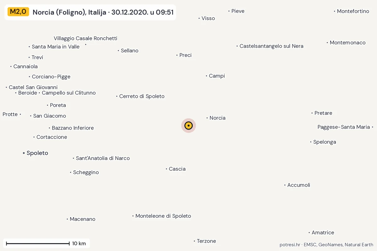 Karta: okolica epicentra, 60 km, potres M2,0, Norcia (Foligno), Italija, 30.12.2020.