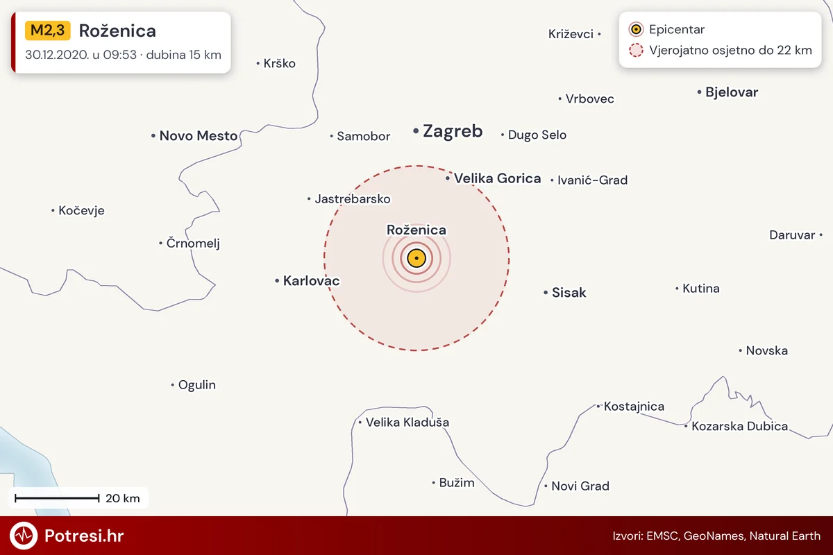 Karta: šire područje i vjerojatni doseg osjeta, potres M2,3, Roženica, 30.12.2020.