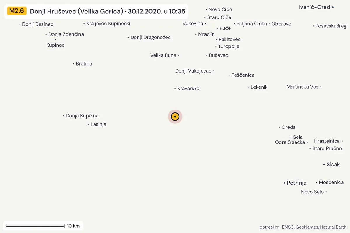 Karta: okolica epicentra, 60 km, potres M2,6, Donji Hruševec (Velika Gorica), 30.12.2020.