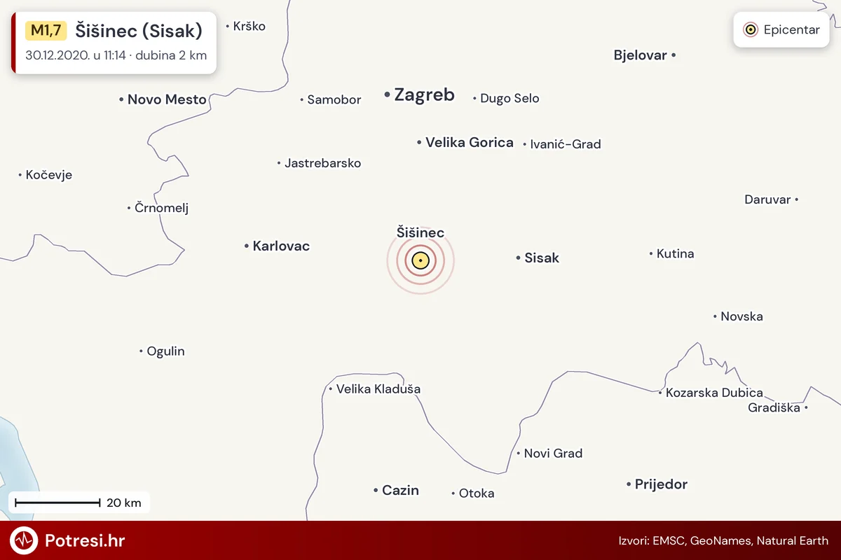 Karta: šire područje i vjerojatni doseg osjeta, potres M1,7, Šišinec (Sisak), 30.12.2020.