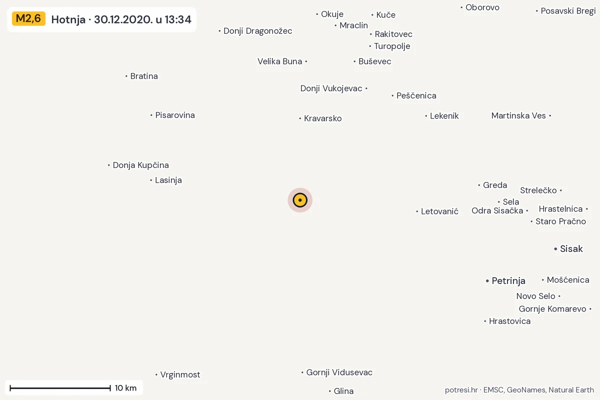 Karta: okolica epicentra, 60 km, potres M2,6, Hotnja, 30.12.2020.