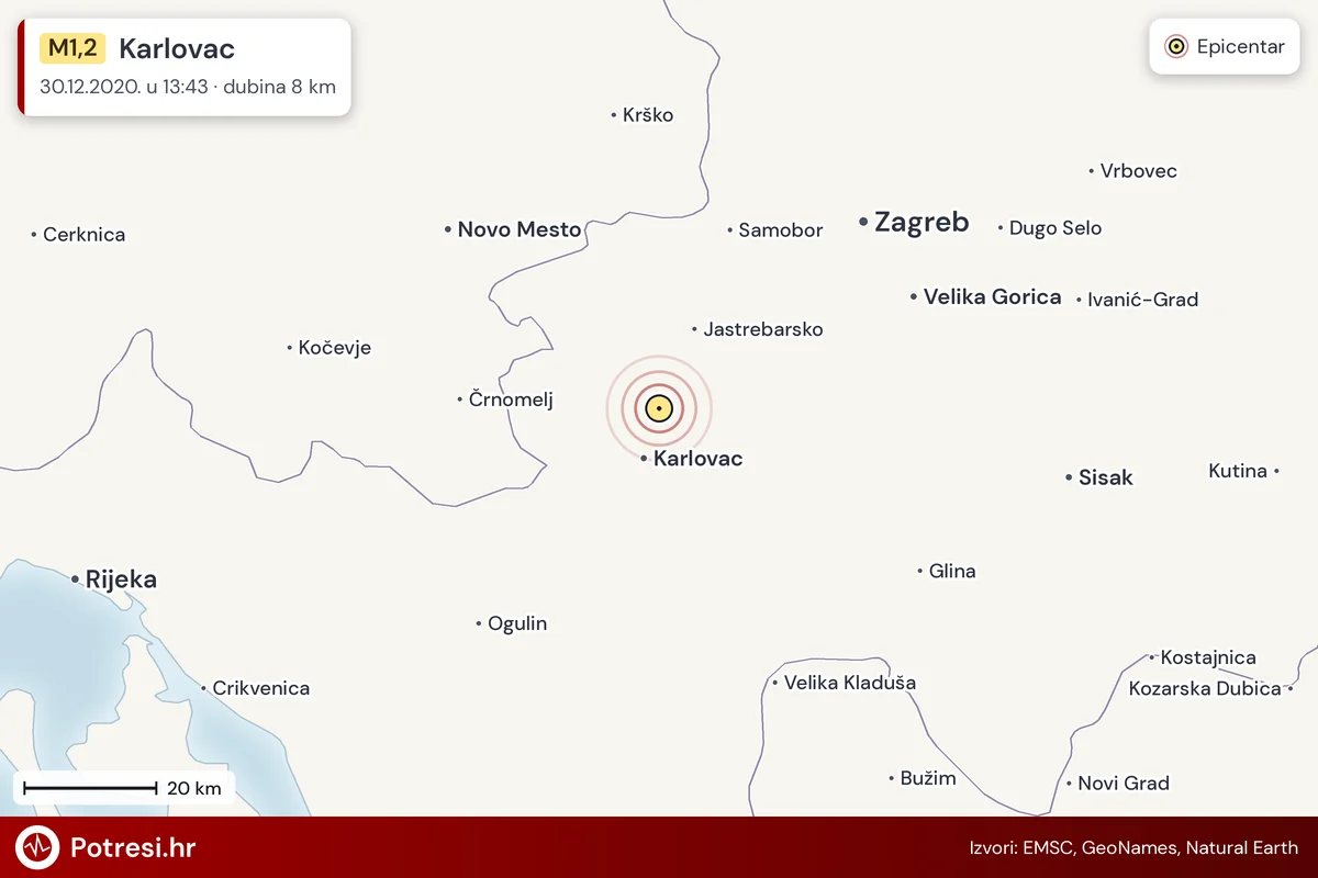 Karta: šire područje i vjerojatni doseg osjeta, potres M1,2, Karlovac, 30.12.2020.