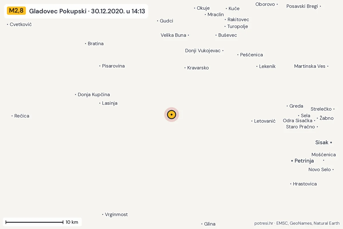 Karta: okolica epicentra, 60 km, potres M2,8, Gladovec Pokupski, 30.12.2020.