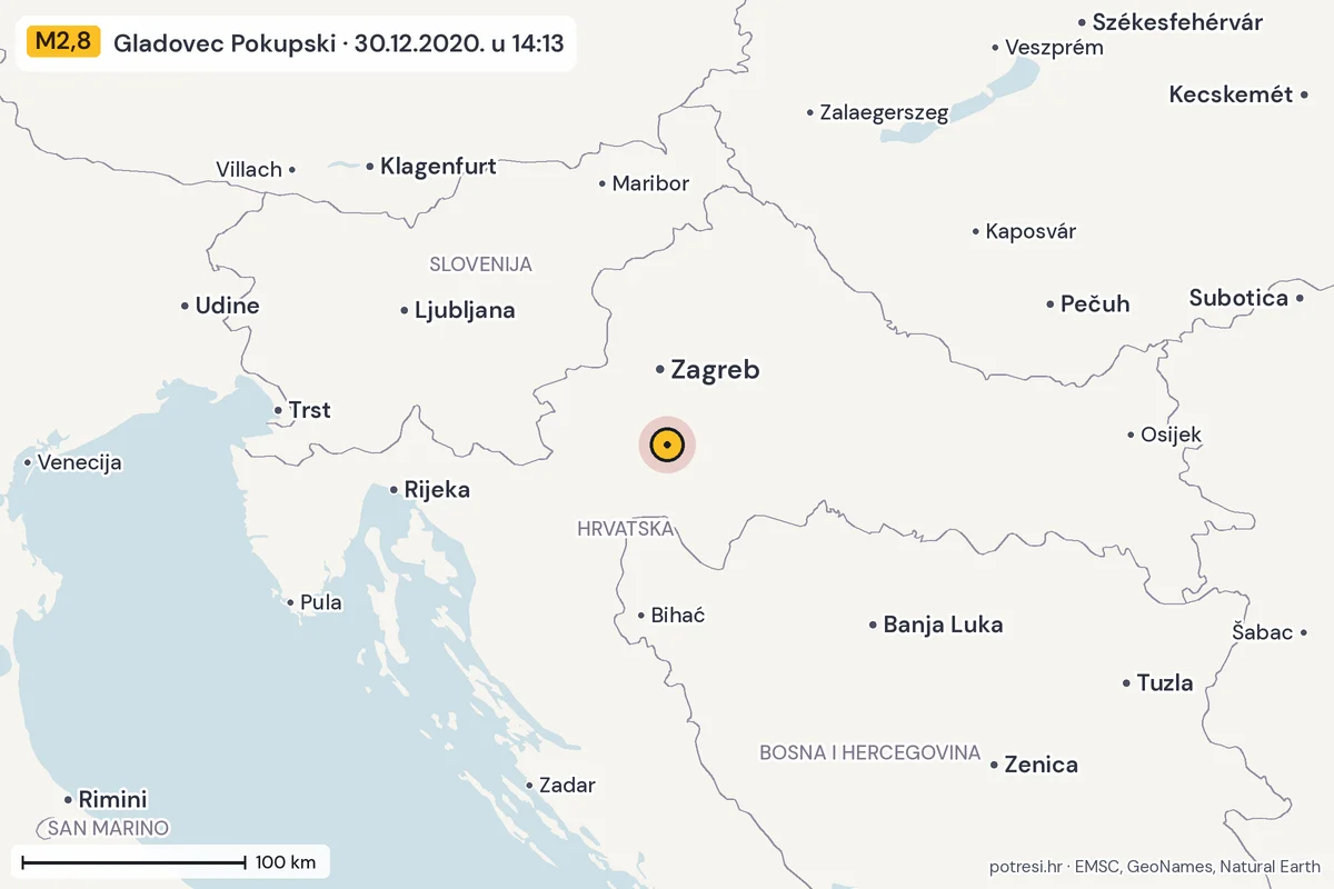 Karta: šire područje, 600 km, potres M2,8, Gladovec Pokupski, 30.12.2020.