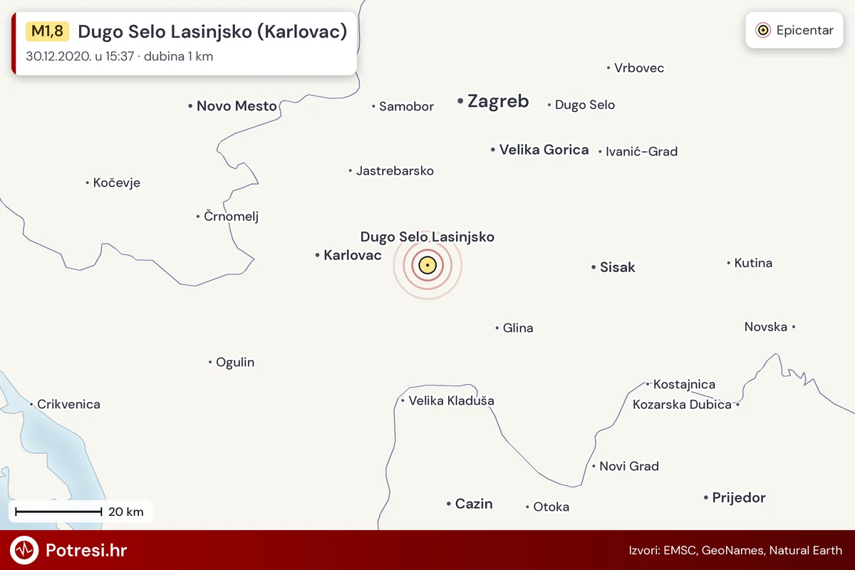 Karta: šire područje i vjerojatni doseg osjeta, potres M1,8, Dugo Selo Lasinjsko (Karlovac), 30.12.2020.