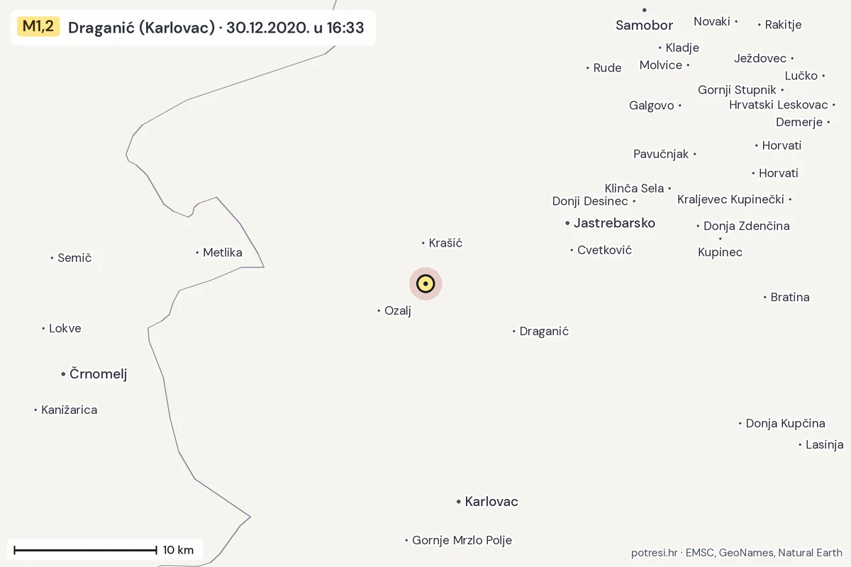 Karta: okolica epicentra, 60 km, potres M1,2, Draganić (Karlovac), 30.12.2020.