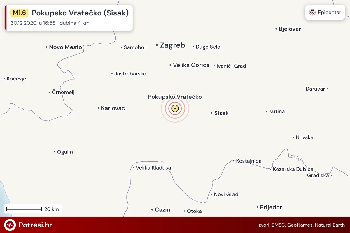 Karta: šire područje i vjerojatni doseg osjeta, potres M1,6, Pokupsko Vratečko (Sisak), 30.12.2020.