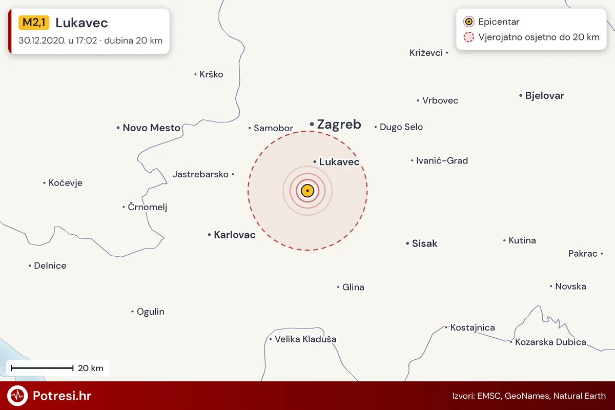 Karta: šire područje i vjerojatni doseg osjeta, potres M2,1, Lukavec, 30.12.2020.