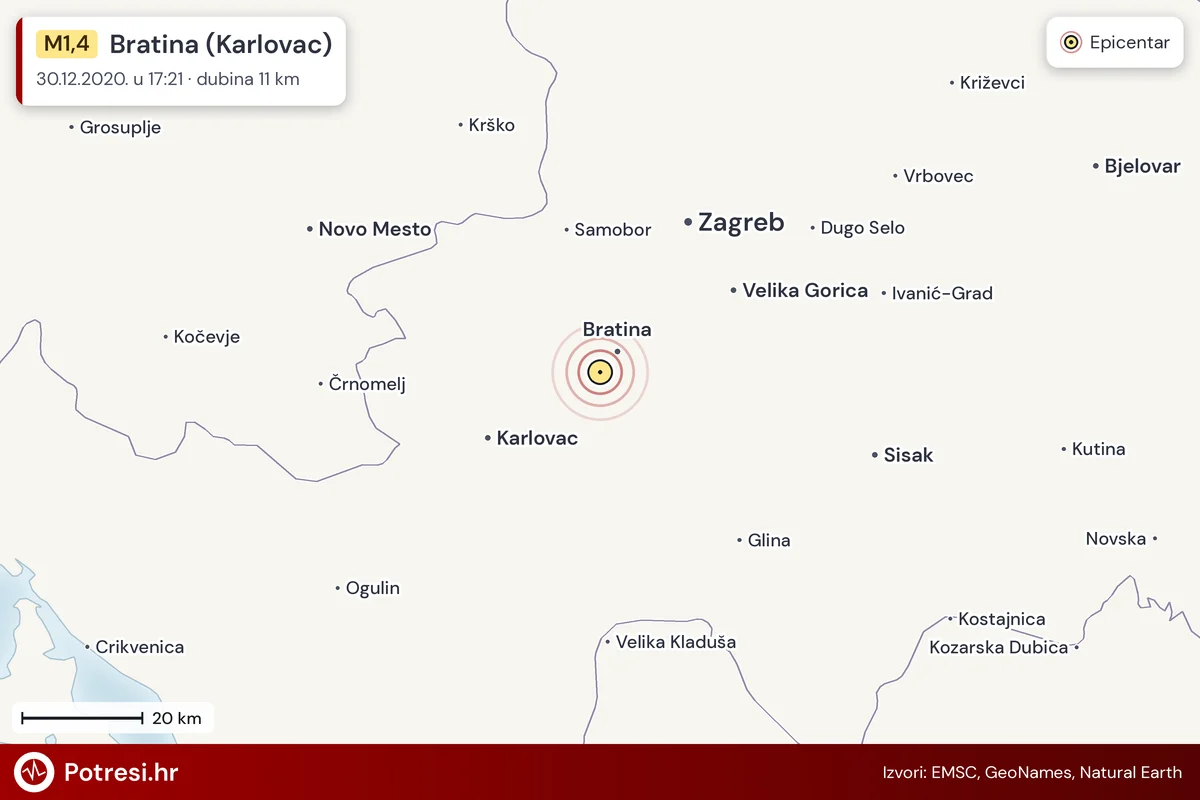 Karta: šire područje i vjerojatni doseg osjeta, potres M1,4, Bratina (Karlovac), 30.12.2020.