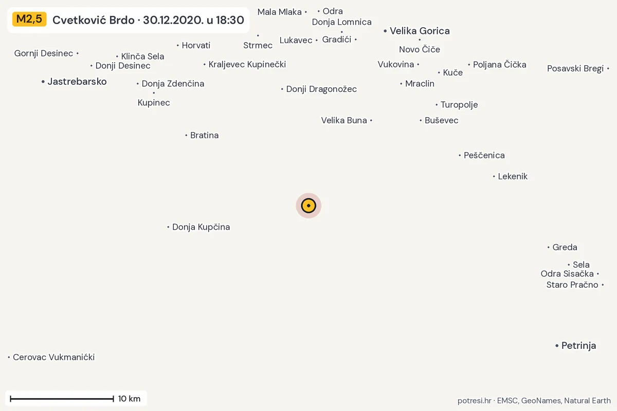 Karta: okolica epicentra, 60 km, potres M2,5, Cvetković Brdo, 30.12.2020.