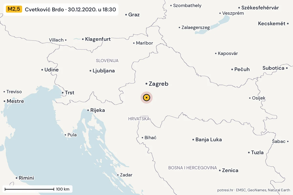 Karta: šire područje, 600 km, potres M2,5, Cvetković Brdo, 30.12.2020.