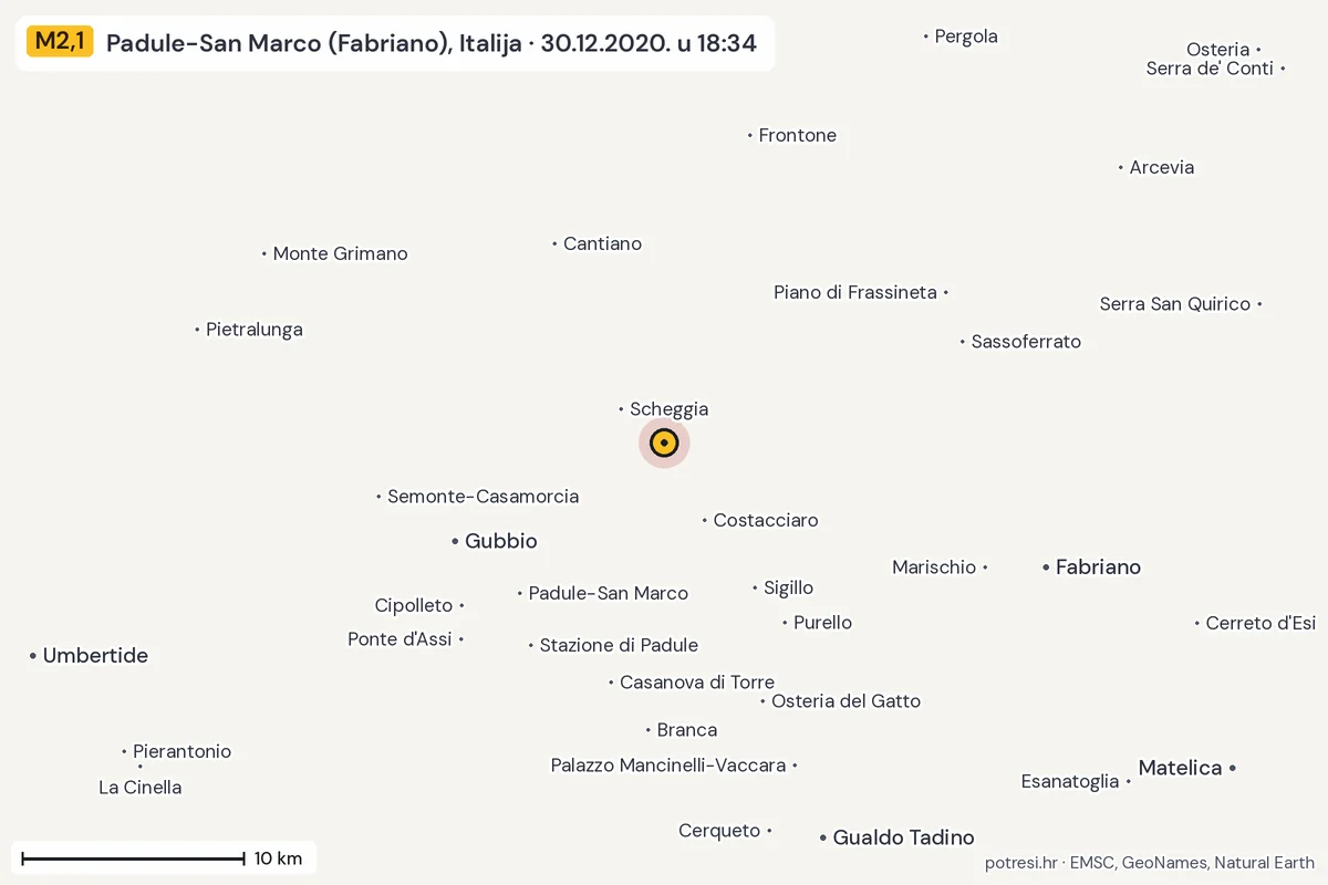 Karta: okolica epicentra, 60 km, potres M2,1, Padule-San Marco (Fabriano), Italija, 30.12.2020.