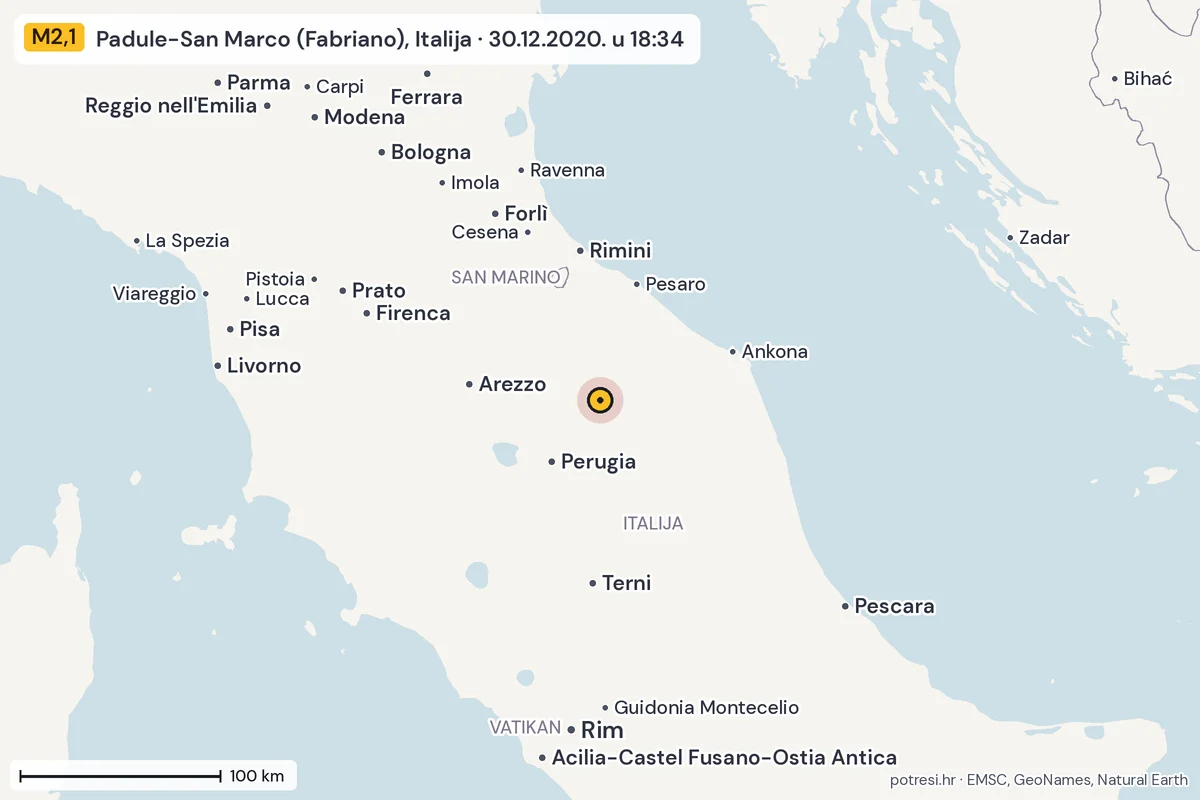 Karta: šire područje, 600 km, potres M2,1, Padule-San Marco (Fabriano), Italija, 30.12.2020.