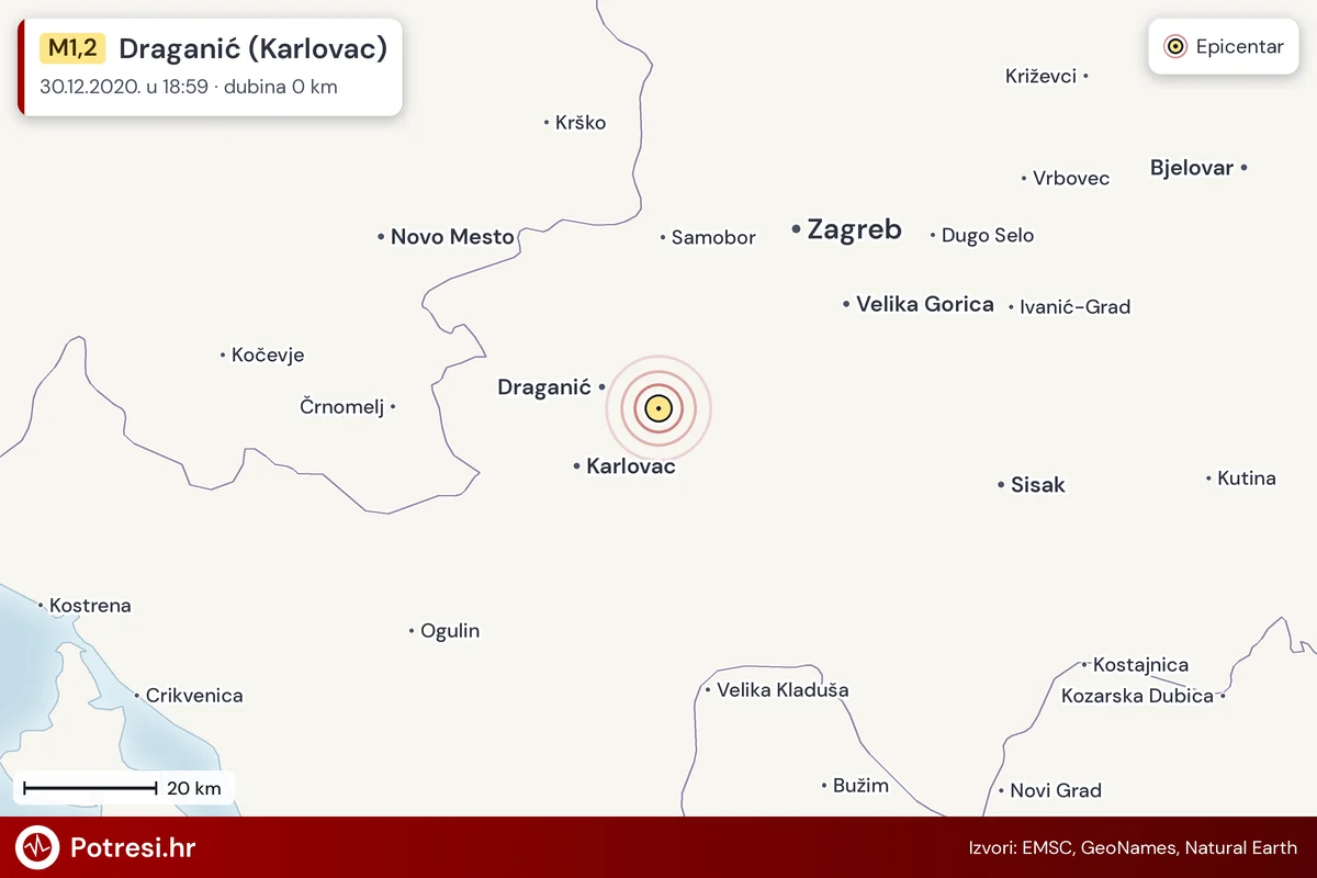 Karta: šire područje i vjerojatni doseg osjeta, potres M1,2, Draganić (Karlovac), 30.12.2020.